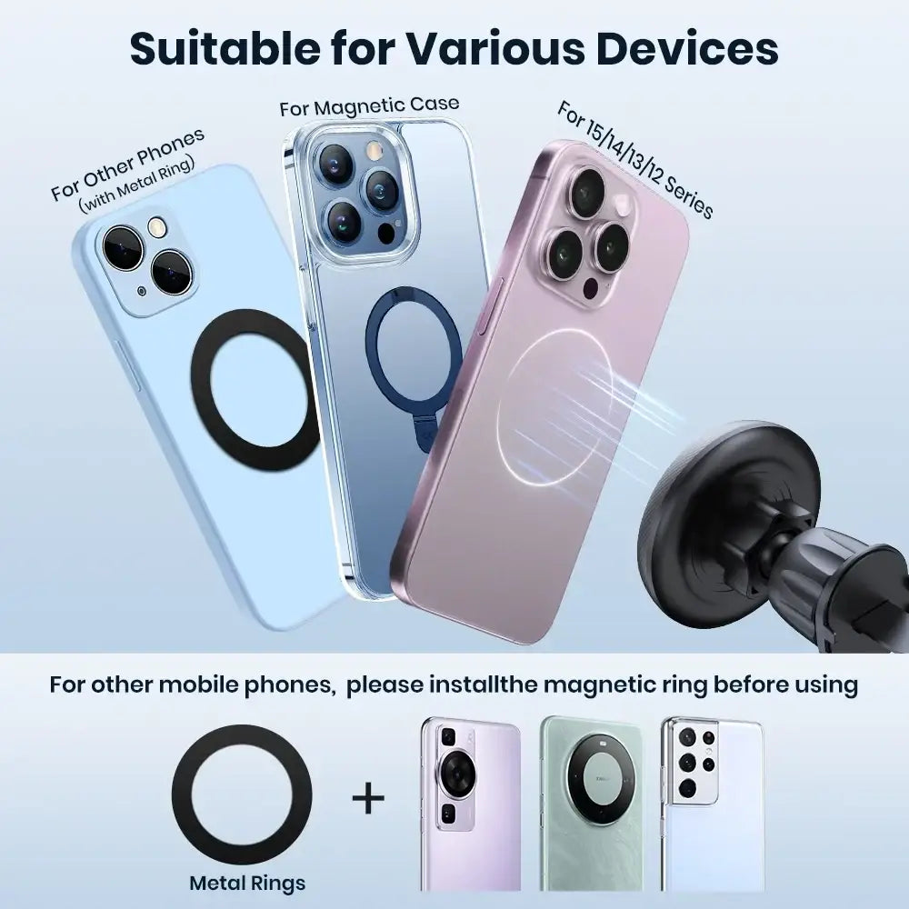 Magnetic car phone mount ring in sleek black with powerful magnetism for magsafe car phone single-hand use