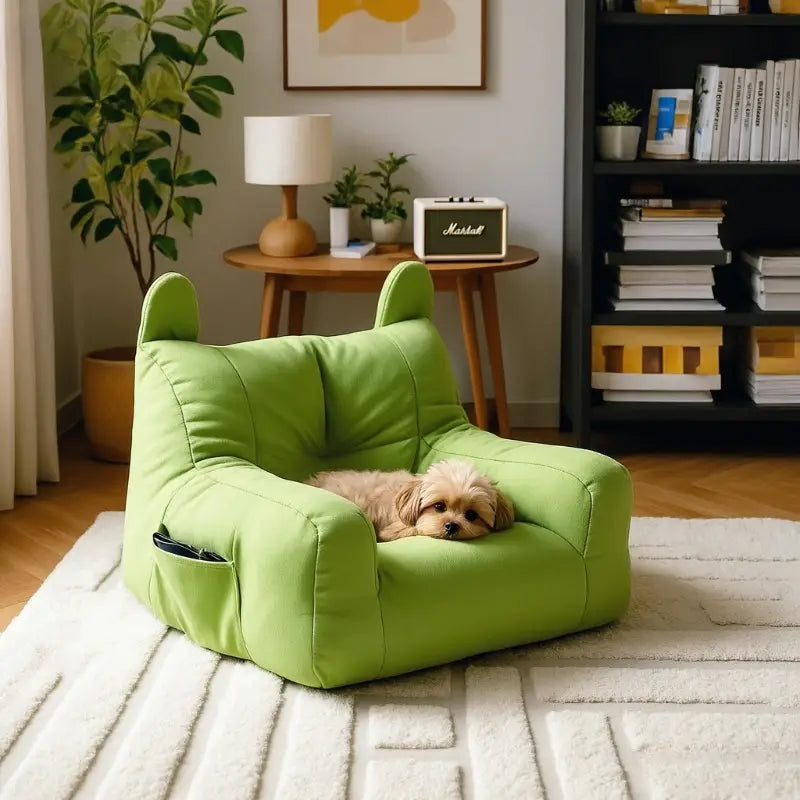 bright green plush cat sofa bed from mainland china with ear-like armrests and a side pocket.