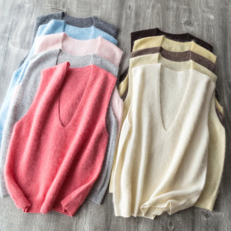 Women Fleece Wool Sweater Vest,Autumn Winter V-neck 4%Cashmere 91%Wool Blend, Knitted Pullover Tops