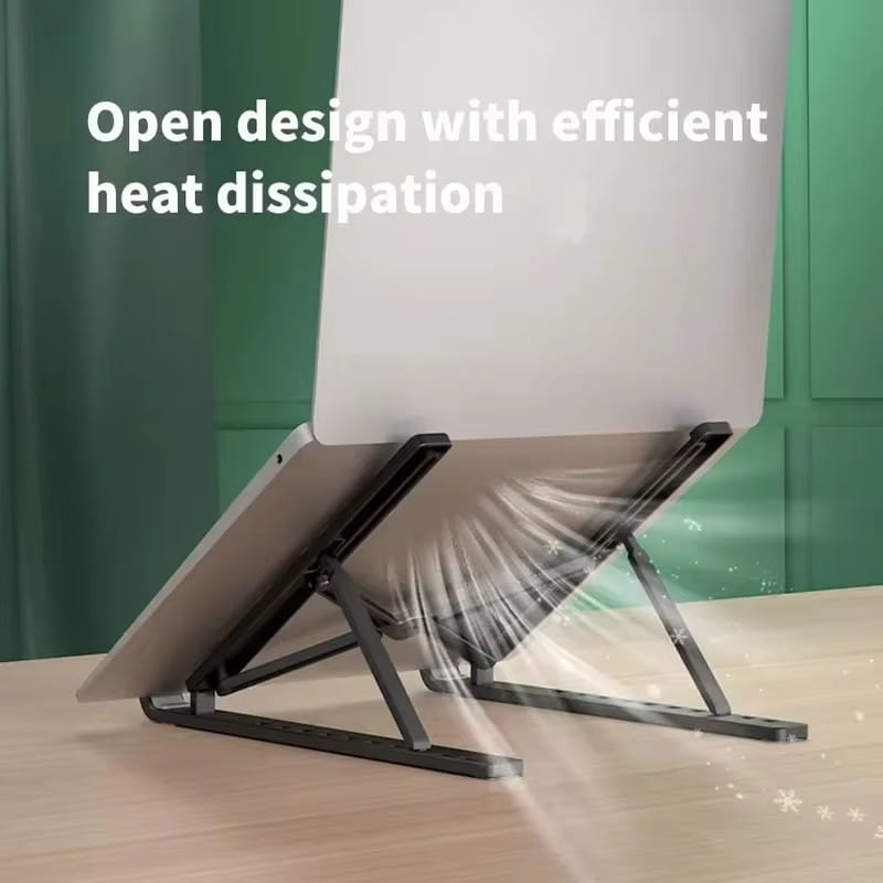 Soporte para portátil de aluminio plateado ajustable y plegable con altura y ángulo ajustables, diseñado para ofrecer un soporte ergonómico