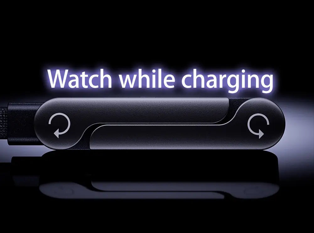 Black 65w USB C fast charging cable with sleek minimalist design and circular icons on each end for phone holder use.