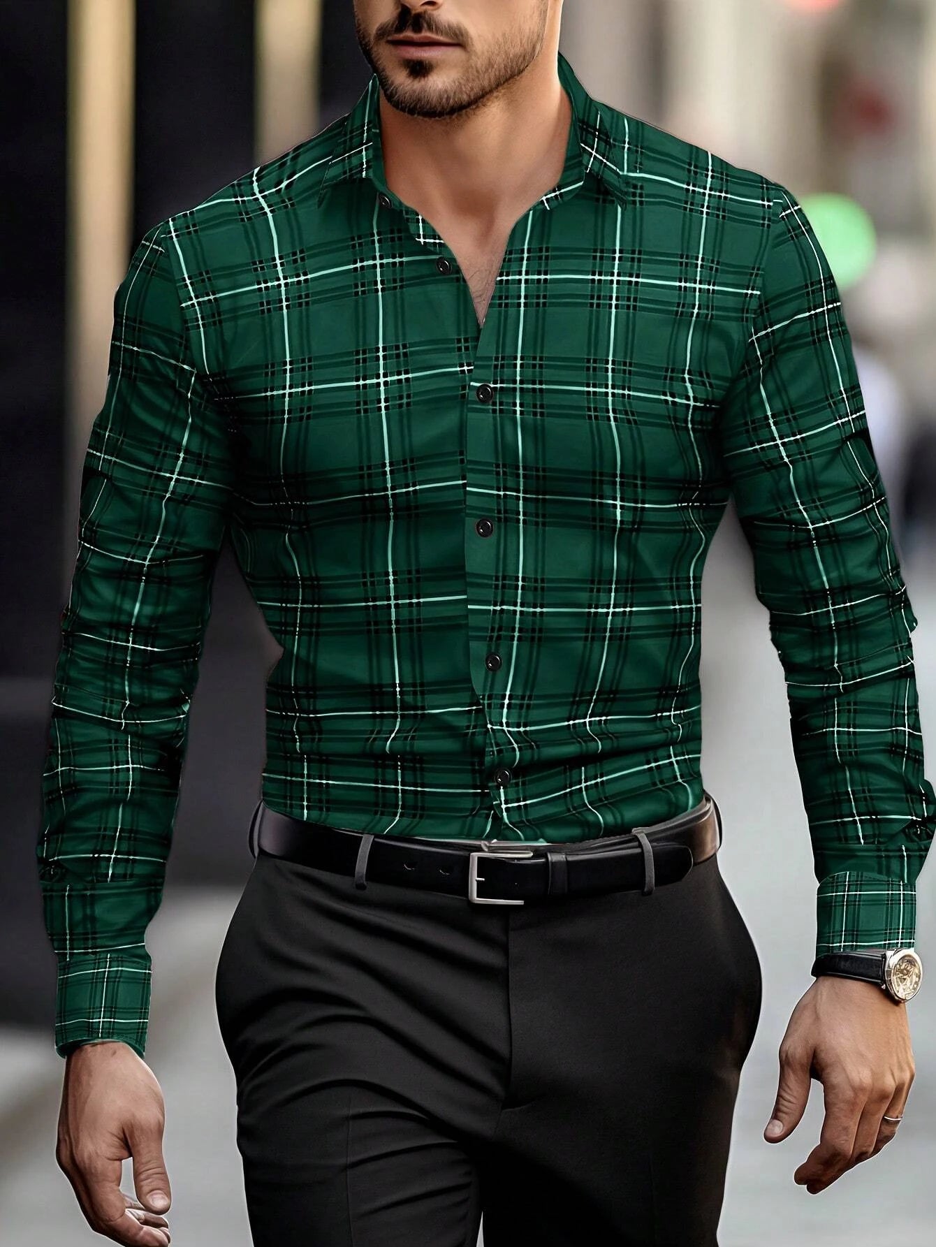 A man wearing a men’s plaid long sleeve casual button up shirt in dark green and white with a classic collar.