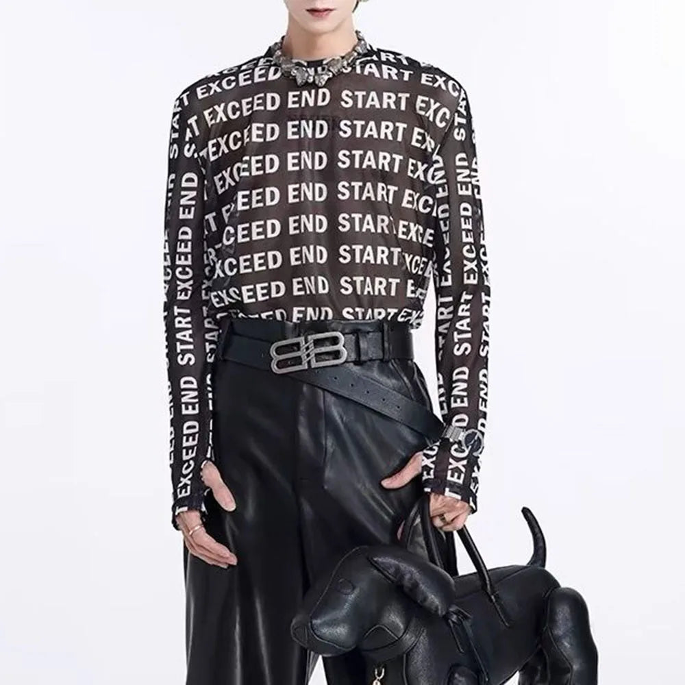 Mens Tops Fashion Letter Print Mesh Bottoming Shirt Men 2024 New American High Street Inner Wear Boys Hollow Long Sleeve T-Shirt