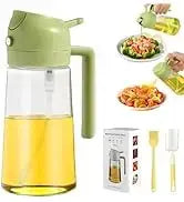 vaporisateur d’huile en verre transparent avec poignée verte, bec verseur et poignée, bouteille doseuse d’huile de cuisine de 500 ml.