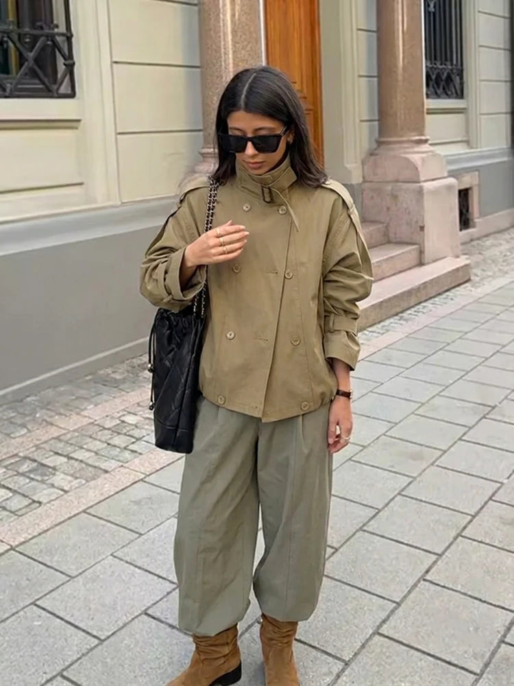 Women Relaxed Fit Short Utility Trench Jacket High Funnel Neck Epaulet Design Double Breasted Cropped Coat Commuter Outerwear
