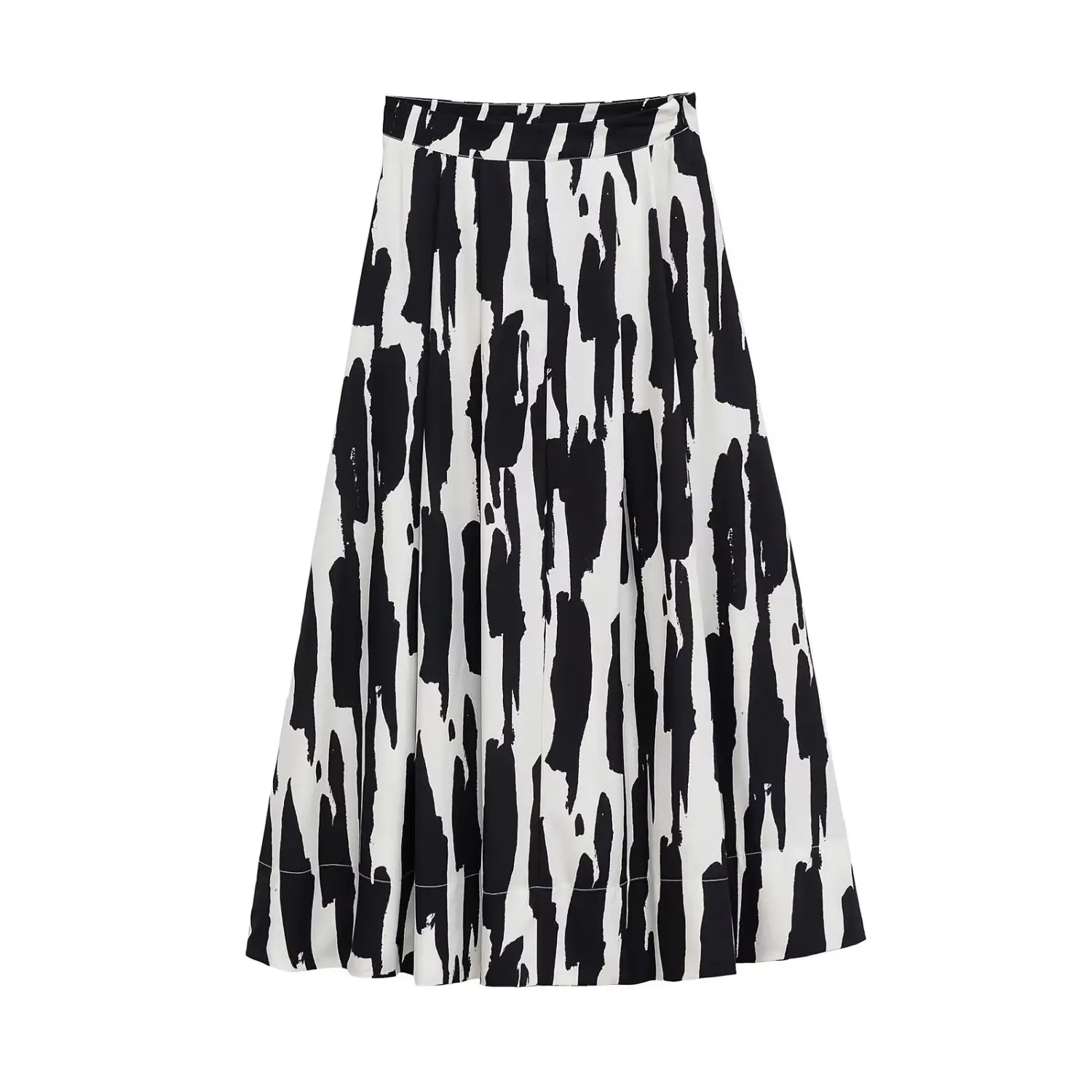 Ein schwarzer und weißer abstrakter Pinselstrich-pleated Midirock aus Satin mit einem geometrischen Design.