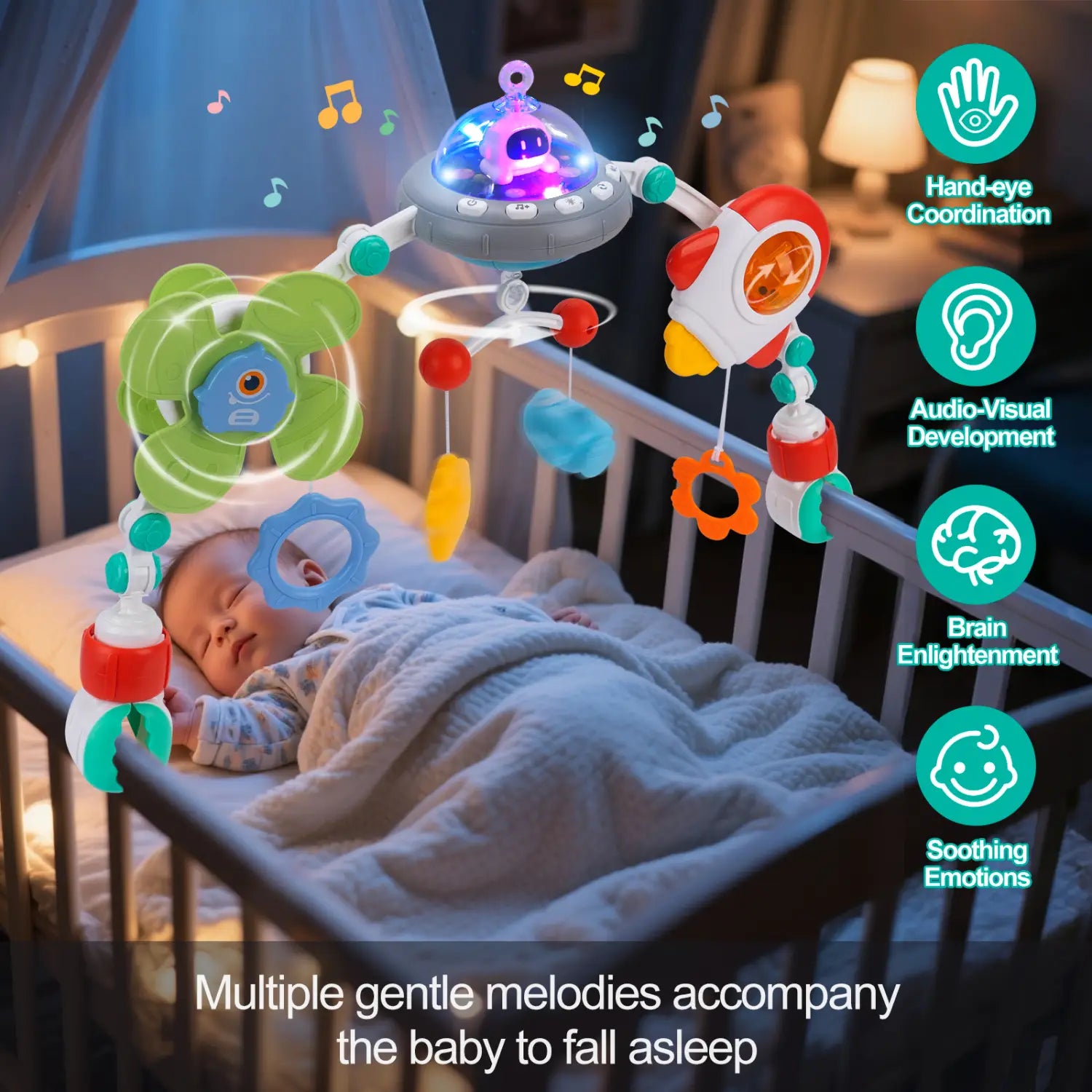 Jouets d’arche pour poussette de bébé en plastique colorés du centre d’activités marin, avec un robot lumineux et des jouets musicaux suspendus au-dessus du berceau