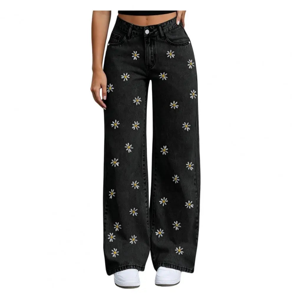 Women Jeans Casual Autumn Jeans Girls' Bow Cherry Print Baggy Jeans Wide Leg Mid-waisted Denim Pants Casual Streetwear Zipper
