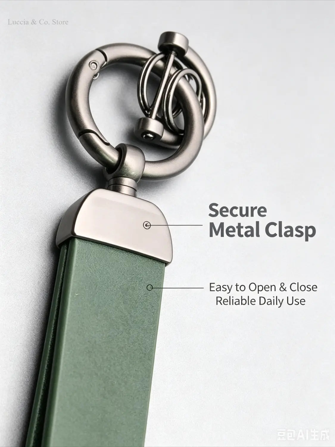 A sleek matte green leather custom logo car keychain with a polished silver metal clasp and carabiner.