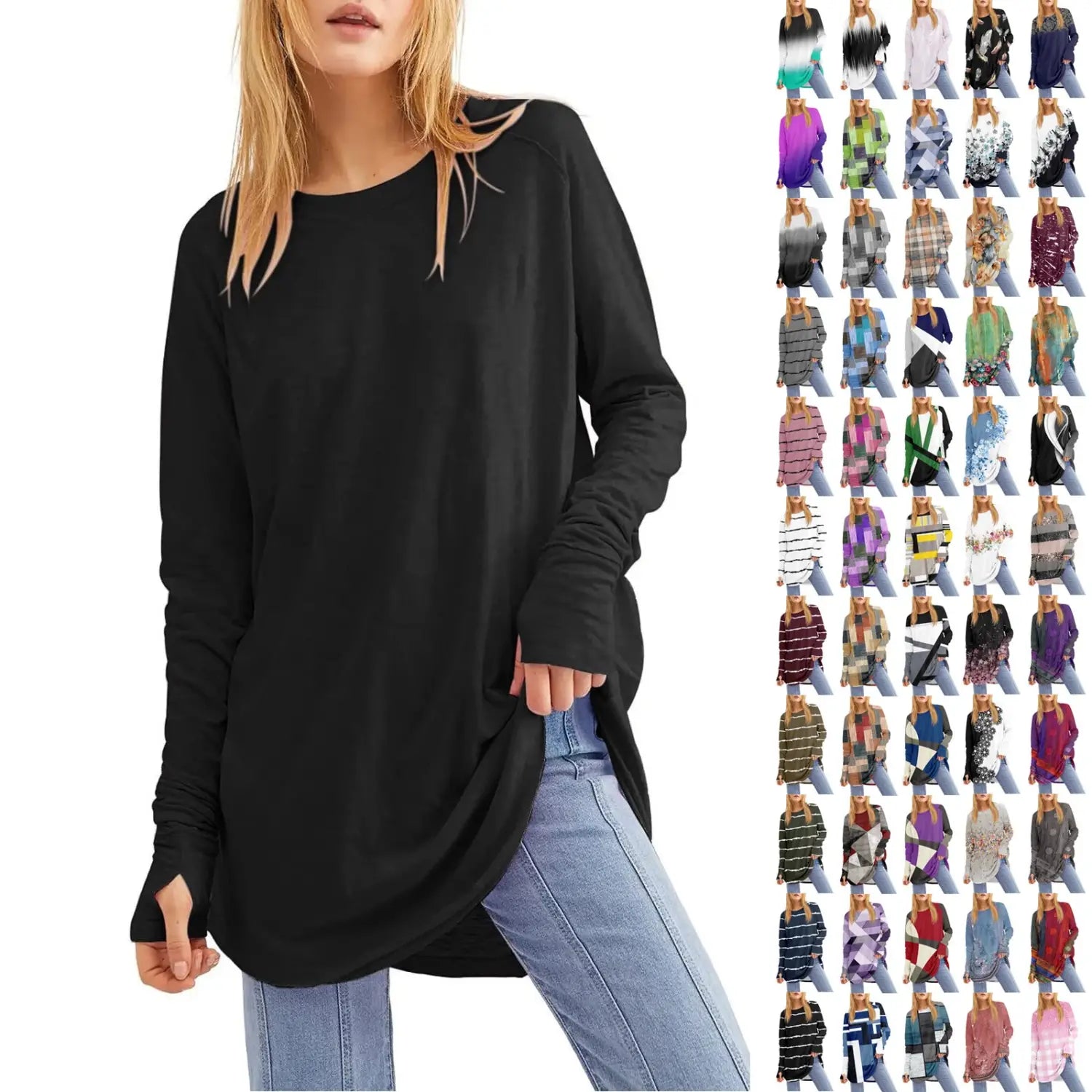 Black long sleeve cotton tunic top for women with a relaxed fit and asymmetrical hemline featuring a solid pattern type.