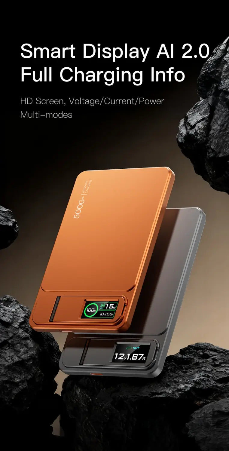 orangefarbene metallische kabellose Powerbank für iPhone mit HD-Display zur Anzeige der Ladeinformationen und 5V=3A- sowie 9V-Ausgabespezifikationen