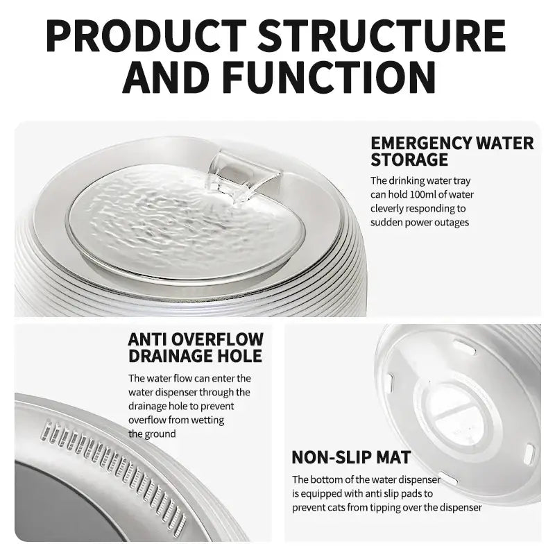 Silver metallic bpa-free water dispenser with textured circular top and anti-overflow drainage for pets with led light