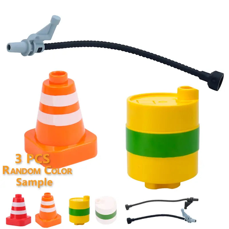 Orange and white striped lego traffic cone with a square base compatible with building blocks for train car toys.