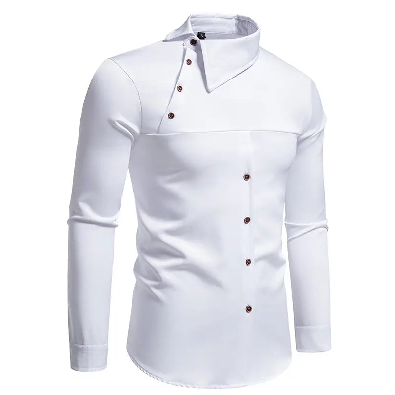 white men asymmetrical slant collar long sleeve casual shirt featuring a stand-up collar and dark brown buttons.