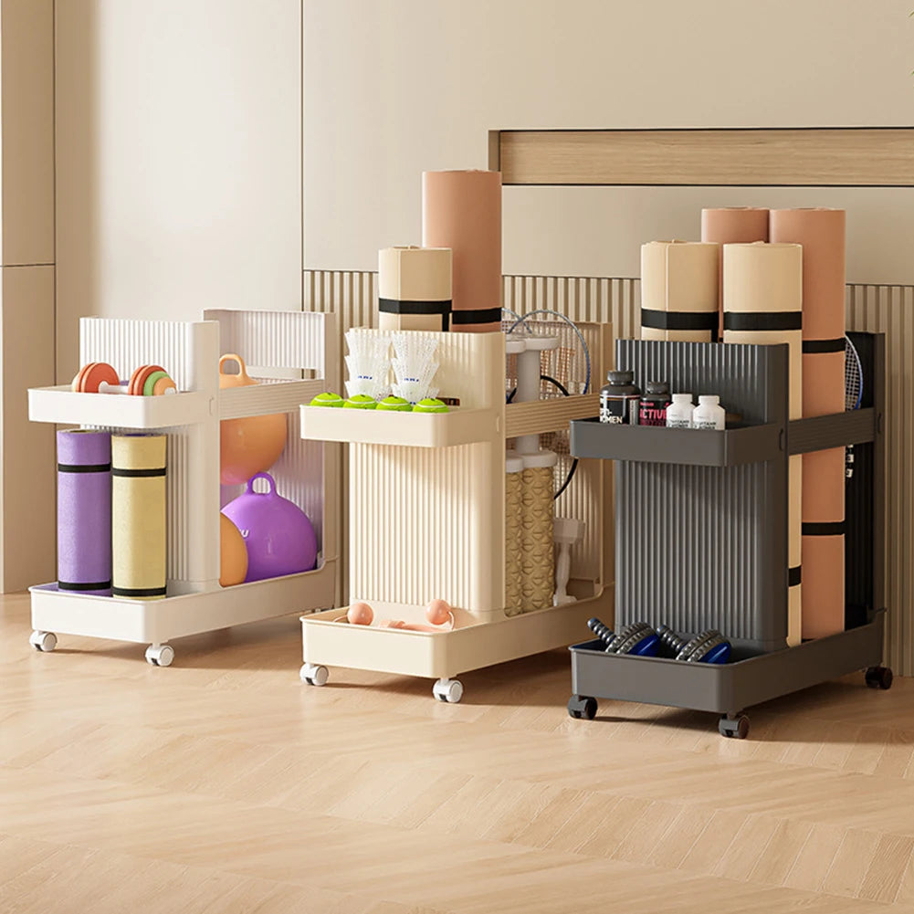 Gym Equipment Organizer Trolley with Wheels Sports Equipment Storage Rack Yoga Mat Storage Basket Fitness Equipment Holder Rack