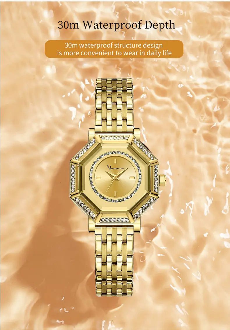 Gold-toned geometric rhinestone quartz watch in stainless steel with a diamond-encrusted octagonal bezel and matching link bracelet featuring an elegant minimalist dial.