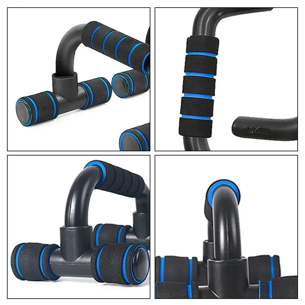 Adjustable push up bars for home muscle training with black and blue foam grips and a sleek ergonomic design.