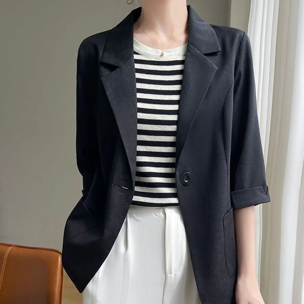 Women White 3/4 Sleeve Blazer Elegant Office Business Suit Jacket Loose Pocket Formal Workwear Ladies Casual O