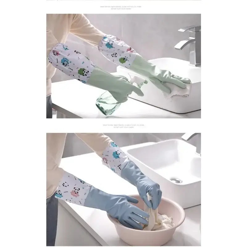 Waterproof kitchen gloves for cleaning in light green and blue rubber with a cute panda pattern and long sleeves.