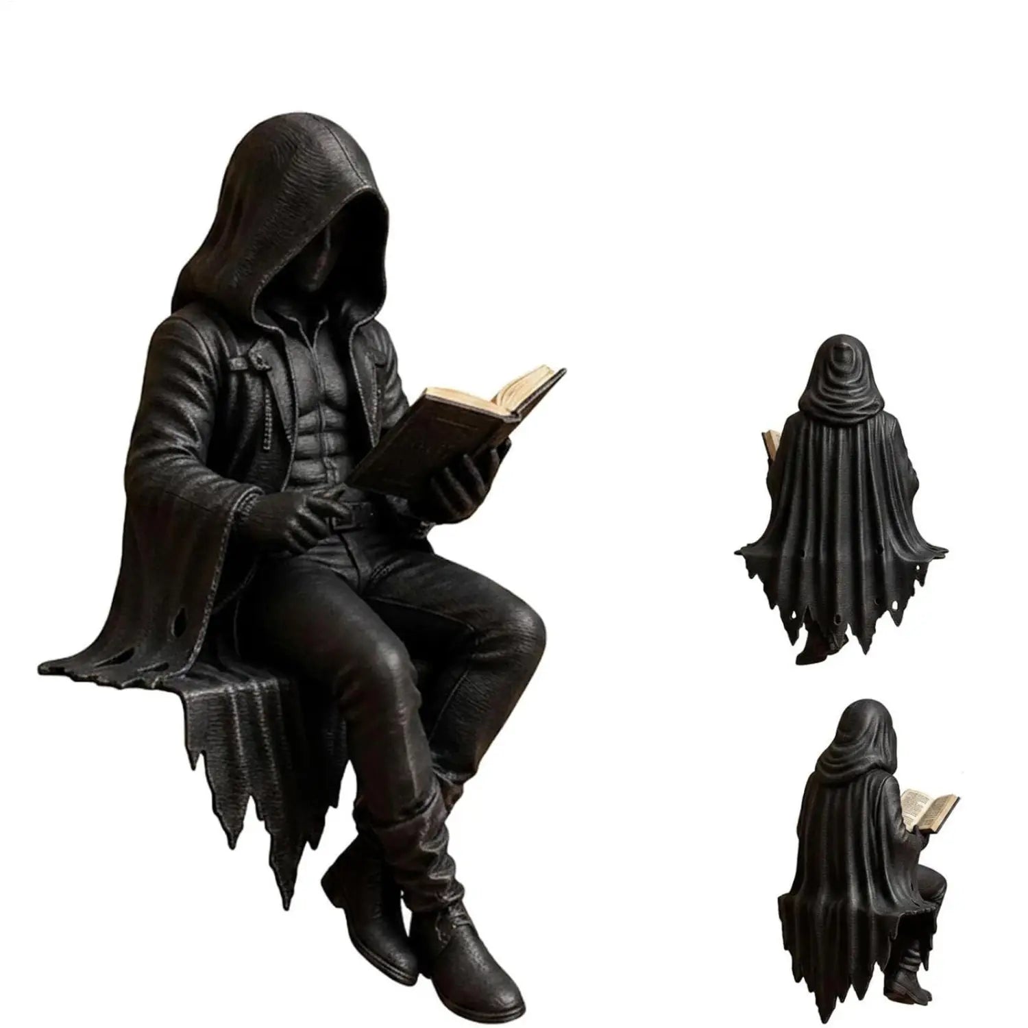 schwarze kapuzengetragene Gothic-Leserfigur, sitzend mit Buch, mit detaillierter Stoff- und Lederstruktur, für eine unheimliche Dekoration des Bücherregals