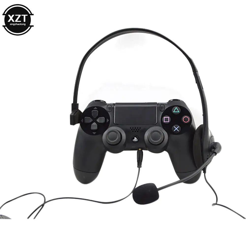 Black over-ear usb call center headset with noise canceling mic and integrated cable designed to fit snugly around a playstation 4 controller with optimized frequency response range for clear communication.