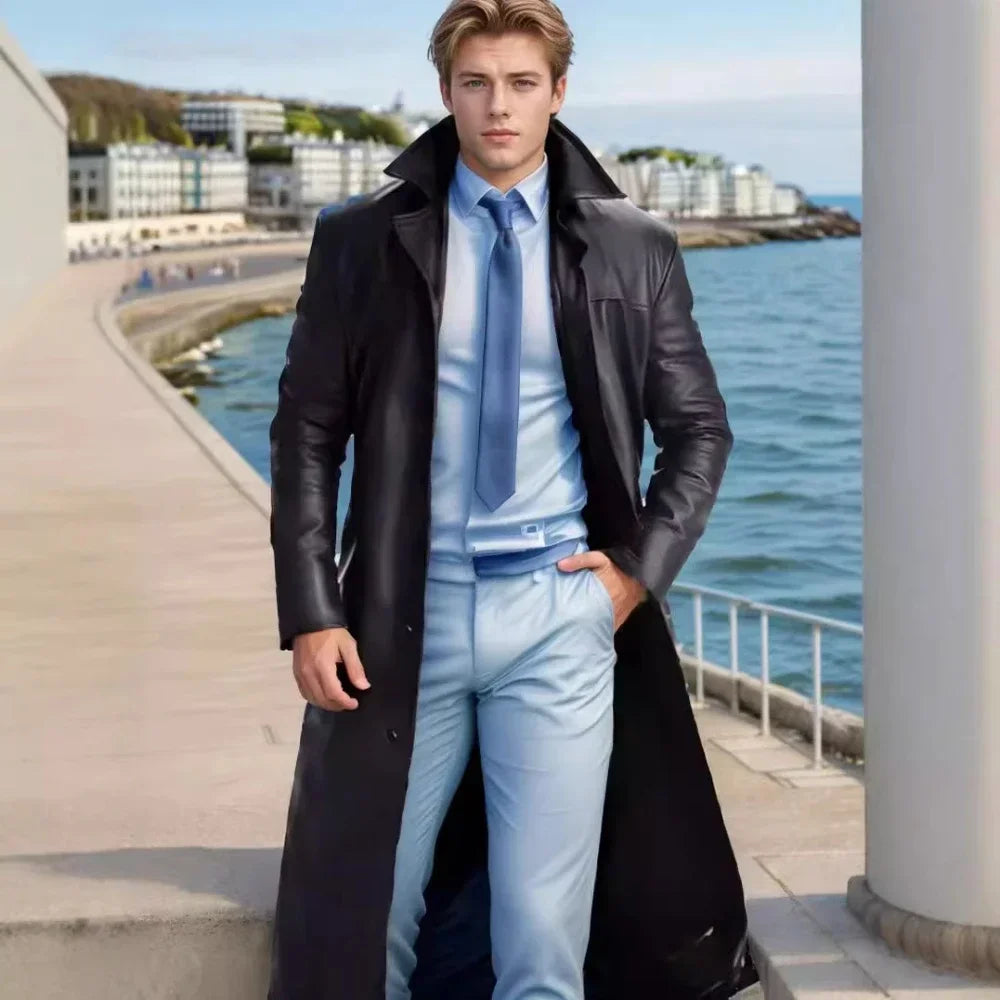 2026 New Men's Long Leather Jackets Goth Punk Button Trench Coat Solid Lapel Collar Long Pu Windbreaker Winter Leather Coats