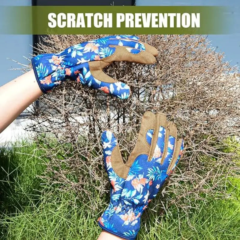 Women gardening gloves breathable thorn proof leather with blue floral fabric on the back and tan leather palms and fingers designed for scratch prevention
