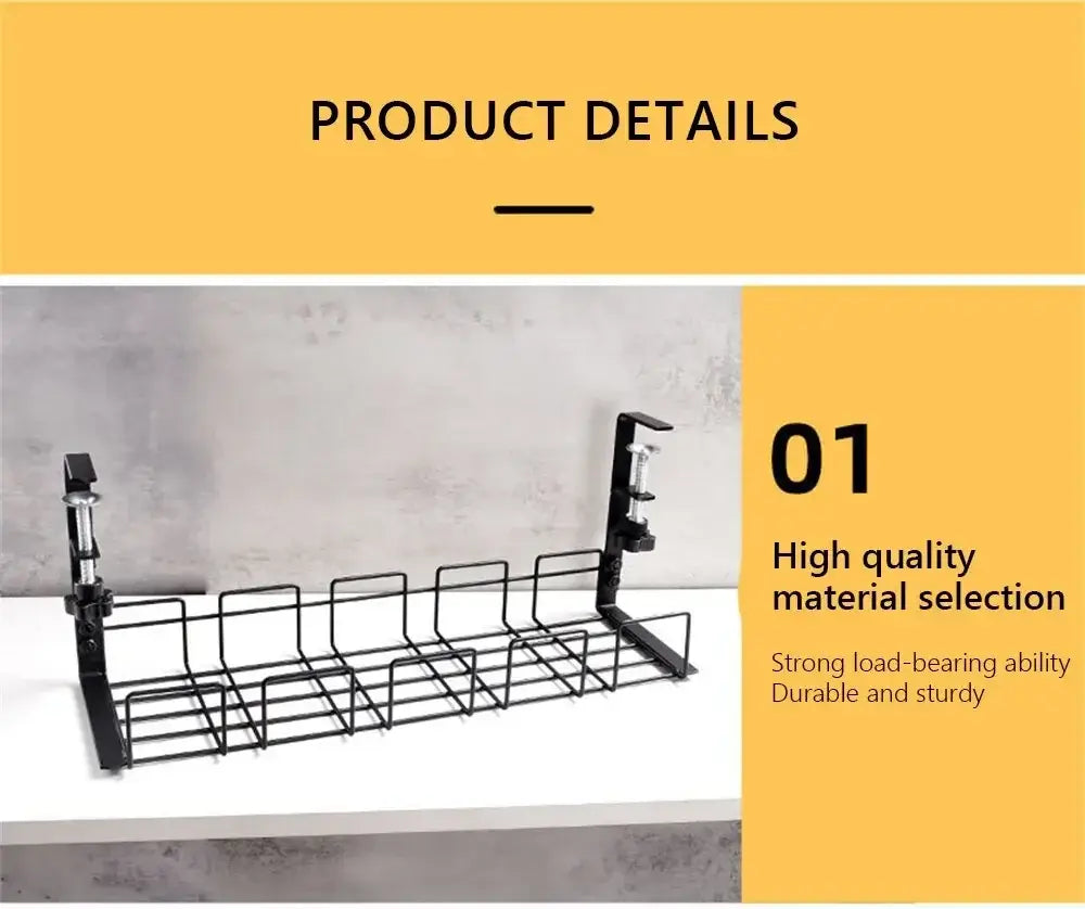 black metal cable management tray with adjustable clamps for under desk use in a durable wire rack design