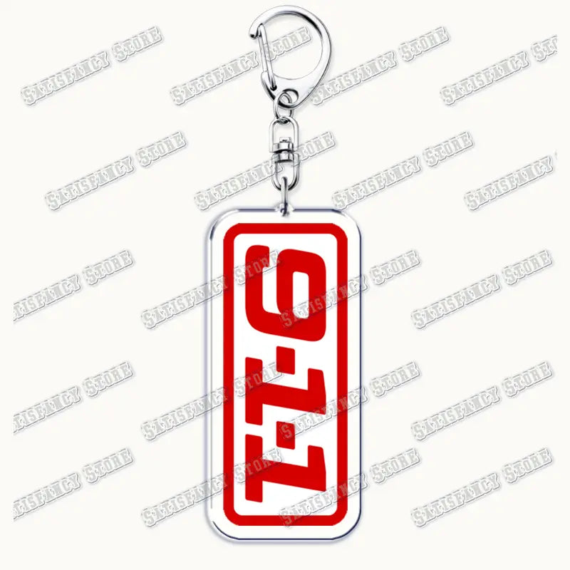 Red and white acrylic rectangular keychain with bold black lettering for 9-1-1 TV show firefighter gift