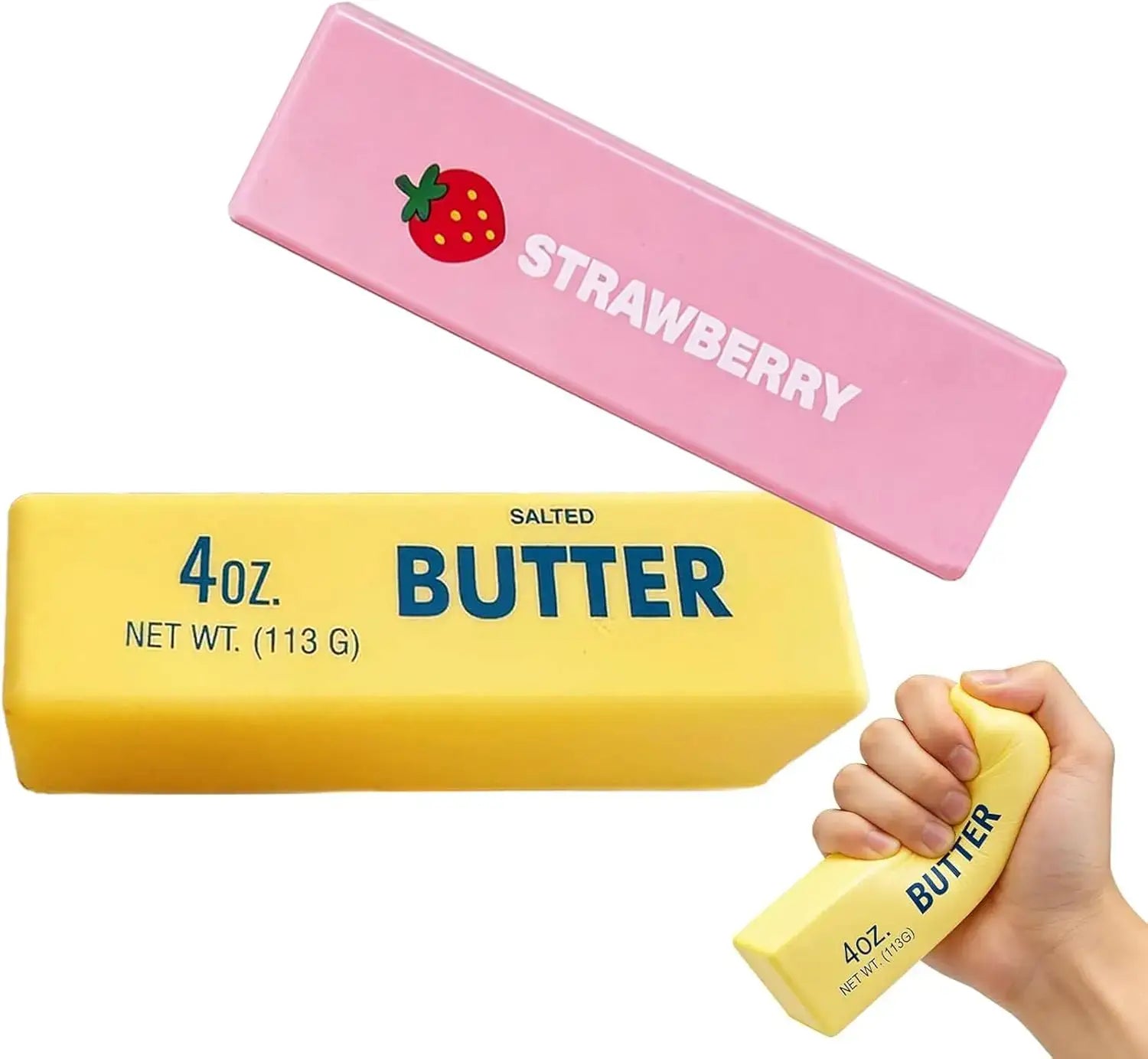 a yellow butter-shaped slow rising squishy stress relief toy with blue text being squeezed by a hand demonstrating the butter squeeze feature