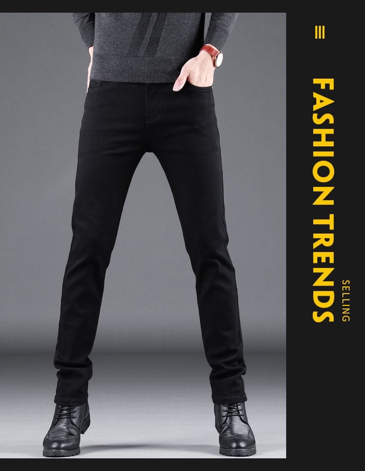 Men black slim fit stretch denim jeans in a classic straight-leg cut with subtle stitching details made of denim fabric.