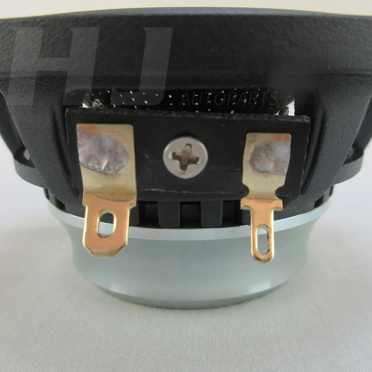 Black 3.5 inch car coaxial speaker with gold-colored terminal connectors and silver screw on the back side designed for 200w power Qp353f model.