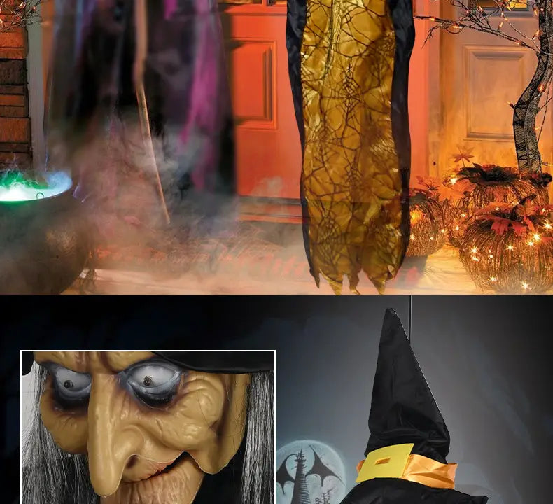chapeau de sorcière noir avec une bande de ruban jaune, présenté dans une figurine animée de sorcière d’Halloween suspendue pour installation de jouets électriques hantés de maison hantée.