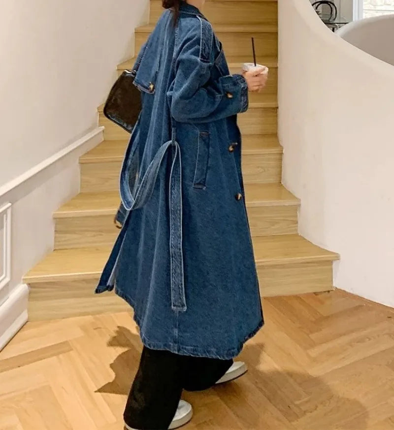 Minimally Casual Blue Denim Trench Coat for Women  2025 Autumn Mid Length Denim Jacket