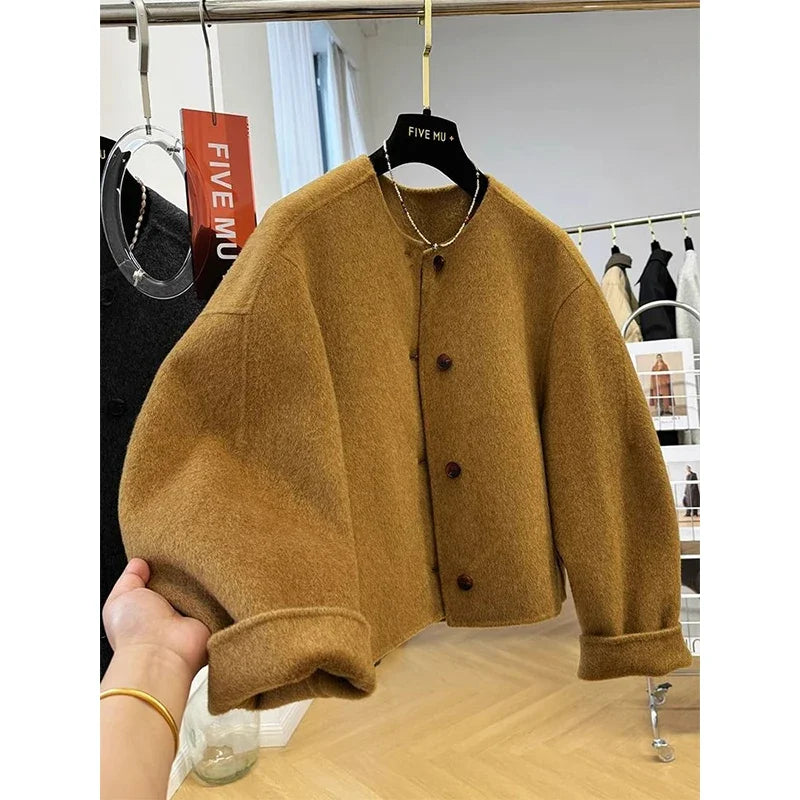 Wool Short Double-sided Woolen Coat Women Autumn and Winter Round Jackets Long Sleeves Short Blends Coats