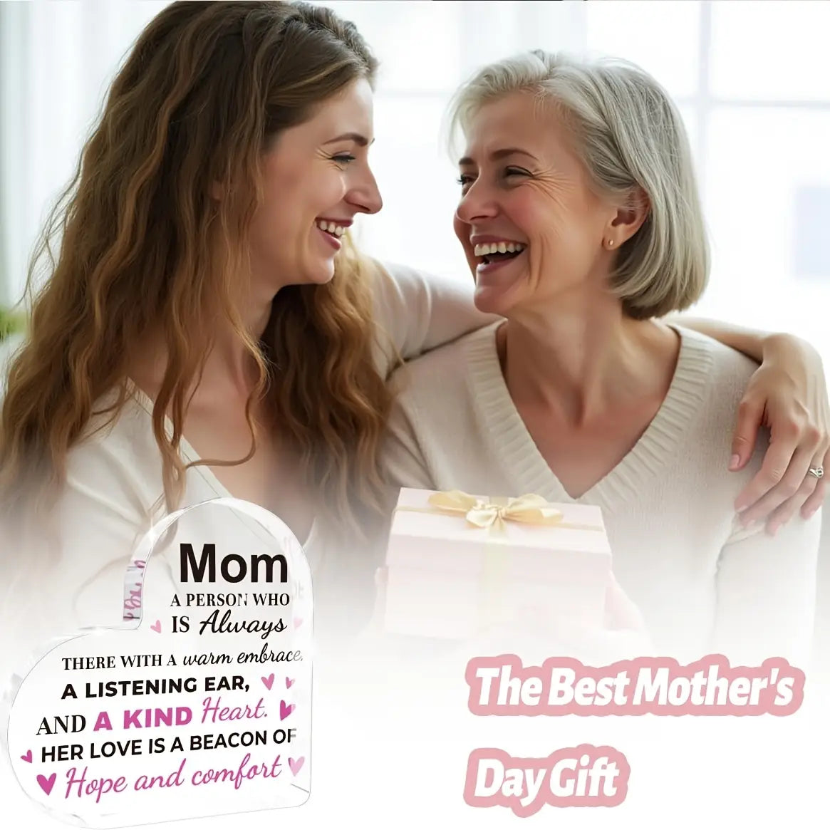 White acrylic heart-shaped keepsake gift tag with black and pink text reading mom a person who is always there with a warm embrace designed for mothers.