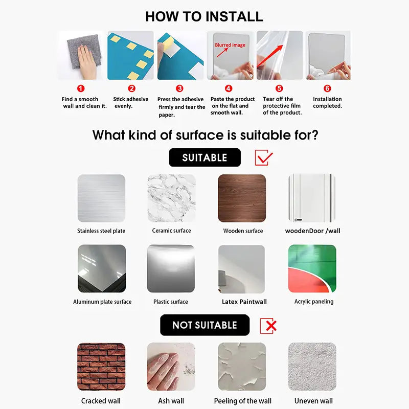 Sticker adhesive for acrylic hexagon wall sticker 45 pcs shown in a clear protective film with illustrated installation steps for easy wall mounting.