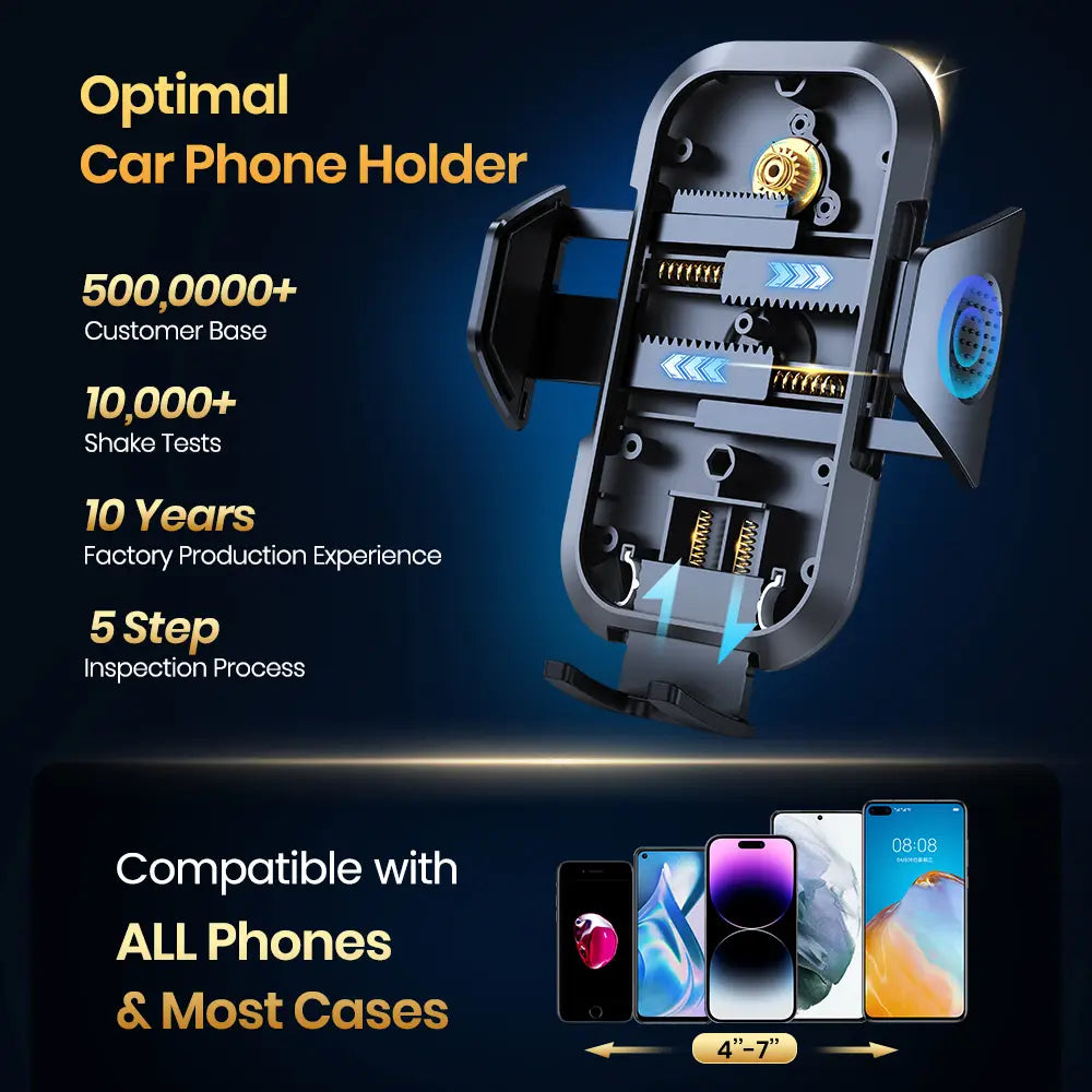 Black car phone holder vent mount with metallic gears and springs designed for universal auto locking compatibility across various smartphone models