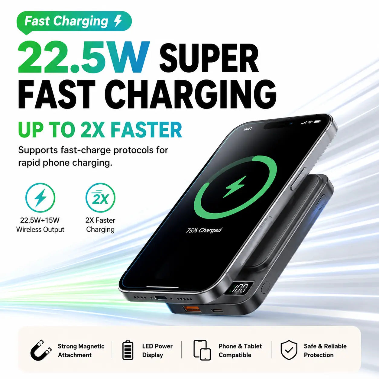 Banco de energía magnético negro rectangular con capacidad de 20000 mAh, carga rápida de 22,5 W, cargador inalámbrico y pantalla LED digital.