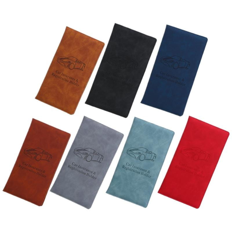 sechs Leder-KFZ-Dokumentenhalter- und Versicherungsorganizer in braun, schwarz, blau, grau, teal und rot zur Aufbewahrung von Fahrzeugregistrierung und Versicherungen