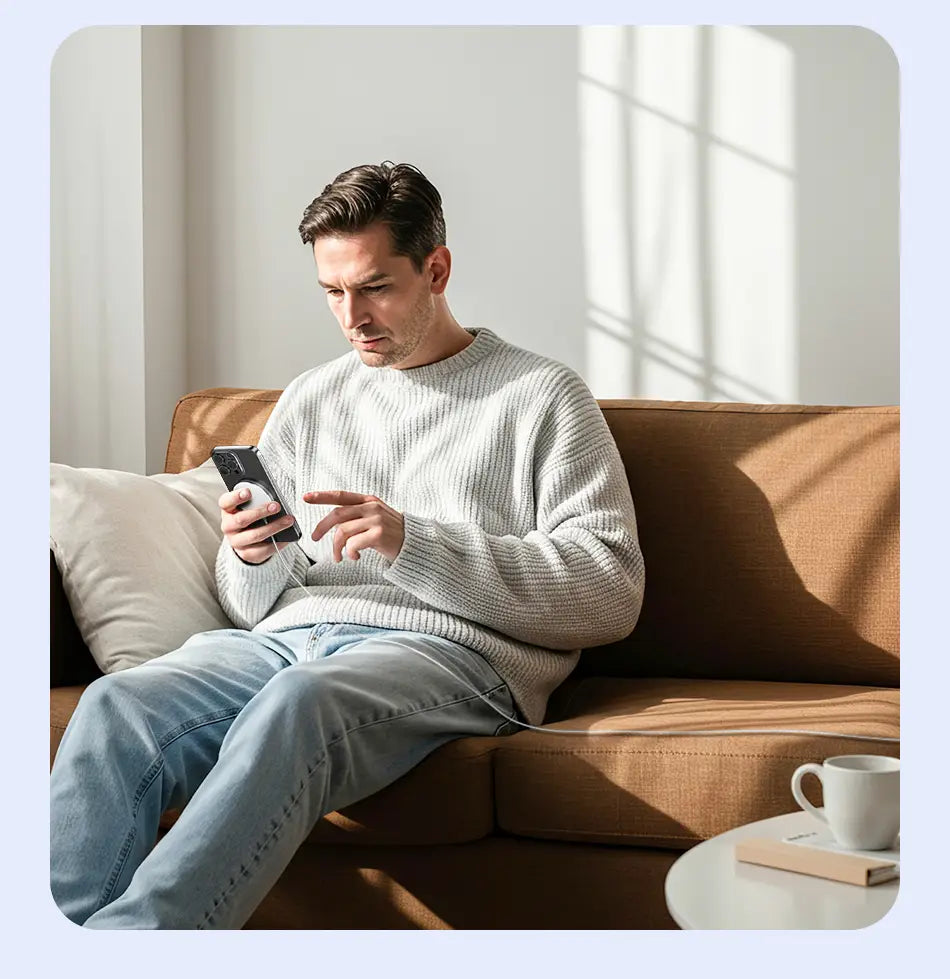 Un hombre con suéter de punto acanalado gris claro, sosteniendo un cargador inalámbrico blanco, almohadilla magnética de carga rápida de 15 W para iPhone.