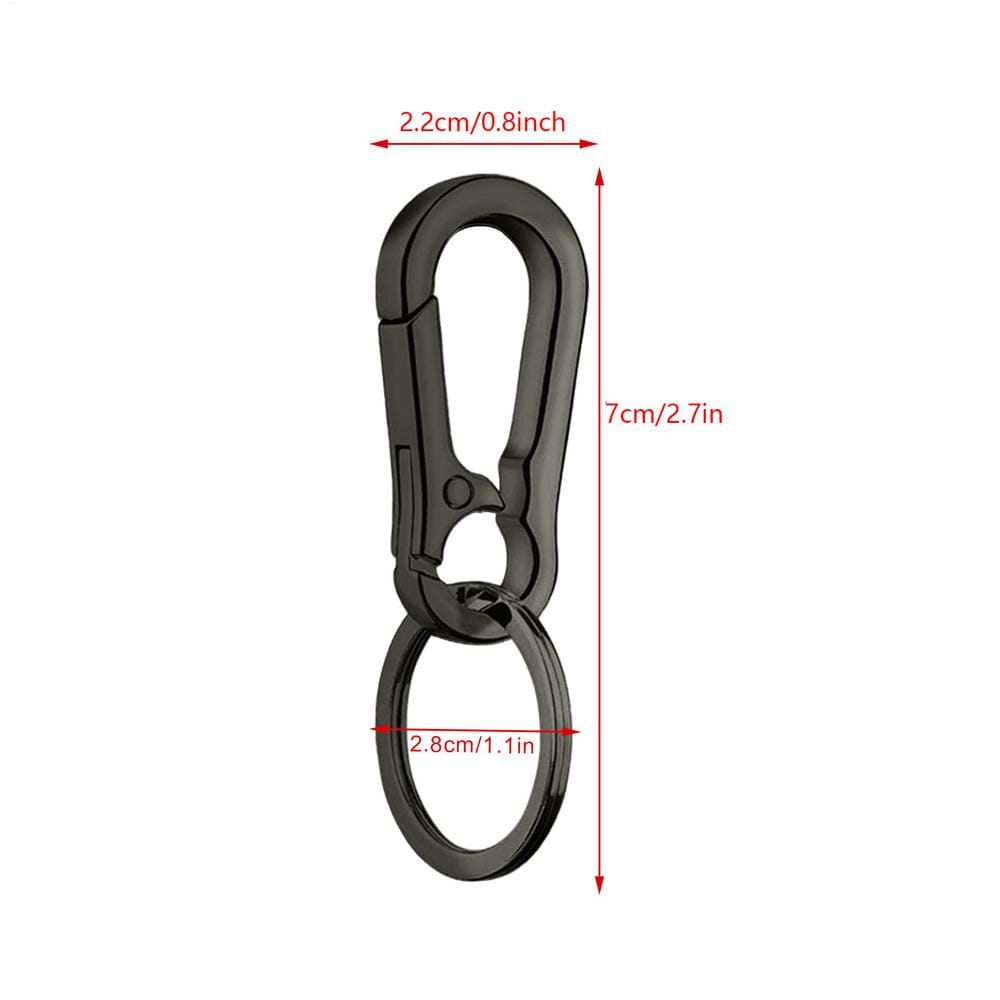Black metal zinc alloy carabiner with key ring attachment designed as an anti-lost car keychain ring.