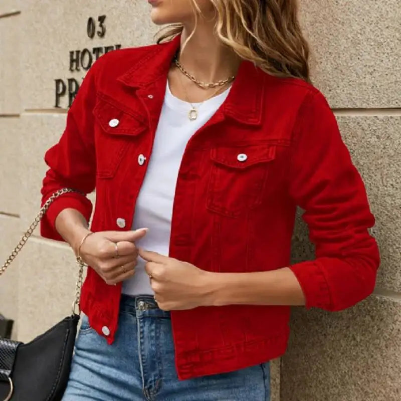 Denim Jacket For Women 2025 Solid Color Black Blue Yellow Pink Red Casual Long Sleeve Button Down Chest Pocket Jean Jacket Lady