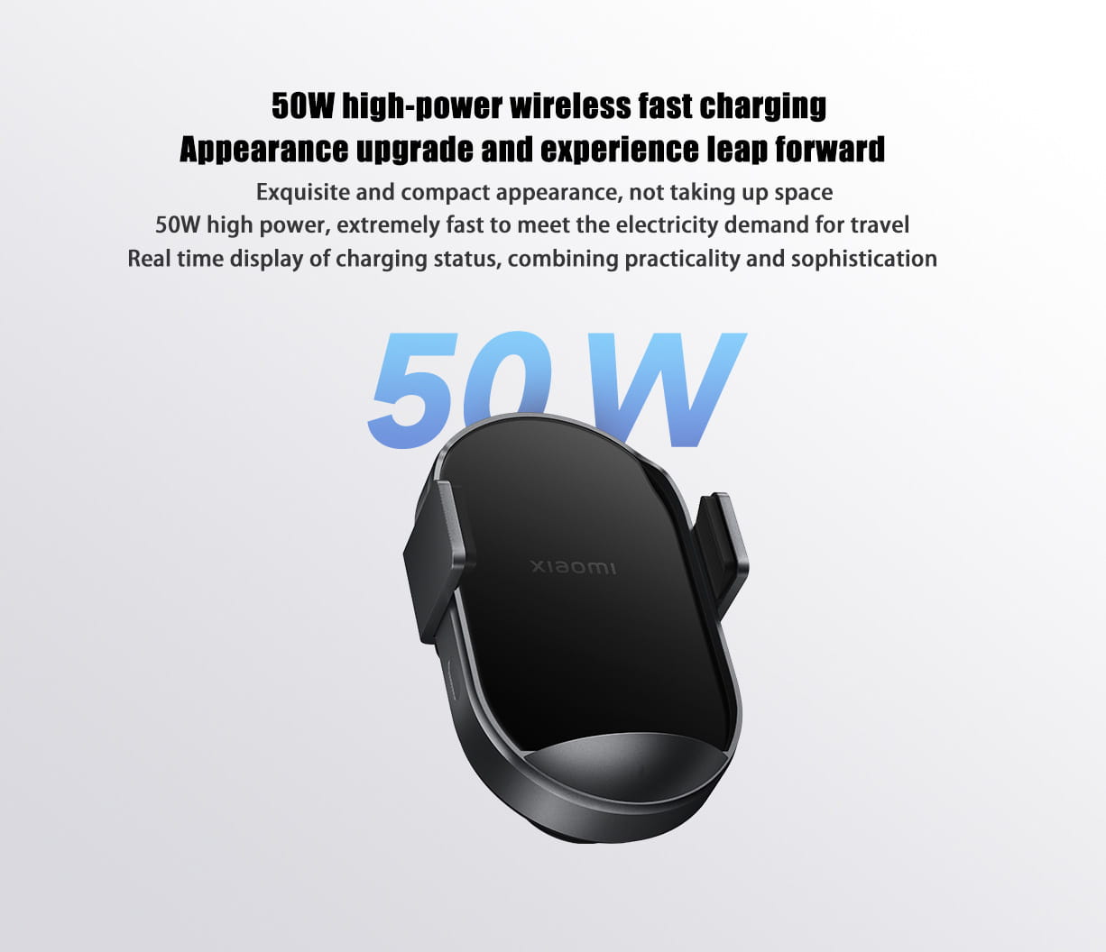 Cargador inalámbrico para automóvil Xiaomi de 50 W en color negro, de doble interfaz, con diseño compacto y elegante, con disipación de calor eficiente.