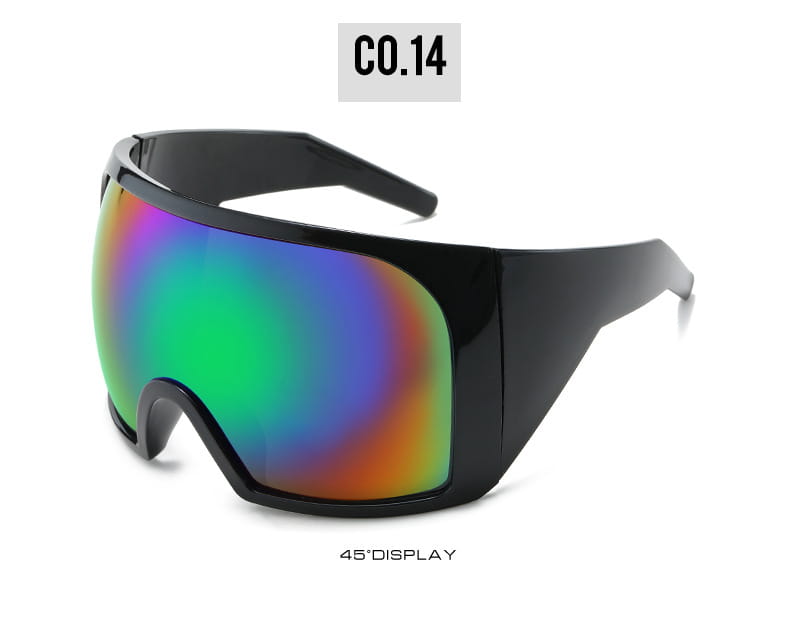 Futuristische Schild-Sonnenbrille für Herren UV400 mit schwarzen, breiten, geschwungenen Rahmen und schillernd reflektierenden Regenbogen-Gläsern.