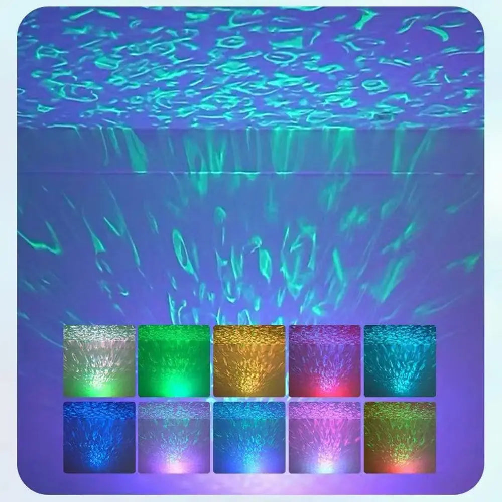 ein rotierender Nordlichter-Projektor mit Fernbedienung, der dynamische, sich verwirbelnde Lichteffekte in Blau- und Türkistönen projiziert.