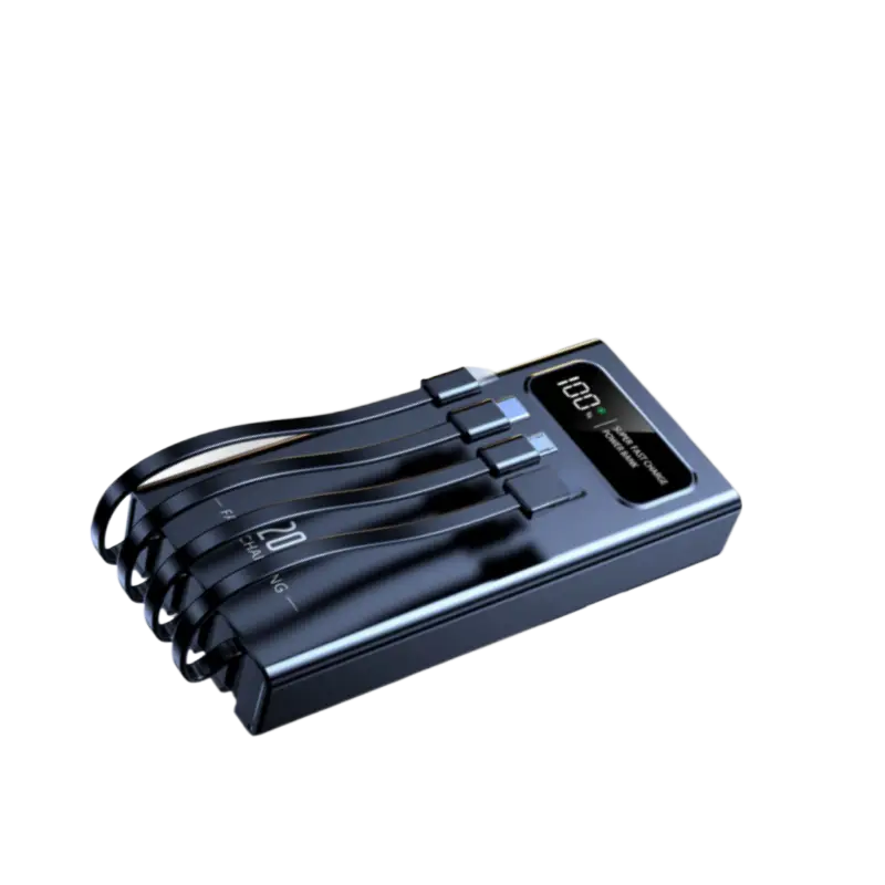Banco de energía rectangular negro con cuatro puertos USB-C y una pantalla digital que muestra el nivel de batería al 100%, disponible en capacidades de 50000 mAh, 30000 mAh, 10000 mAh y carga rápida de 120 W.