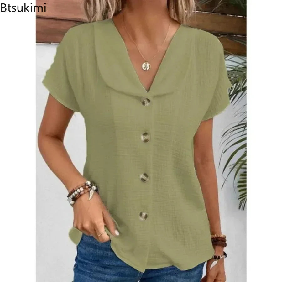2026 Women's Summer Solid Short Sleeve Blouses Fashion V-neck Loose Casual Button Cardigan Tops Elegant Clothing Women Shirts