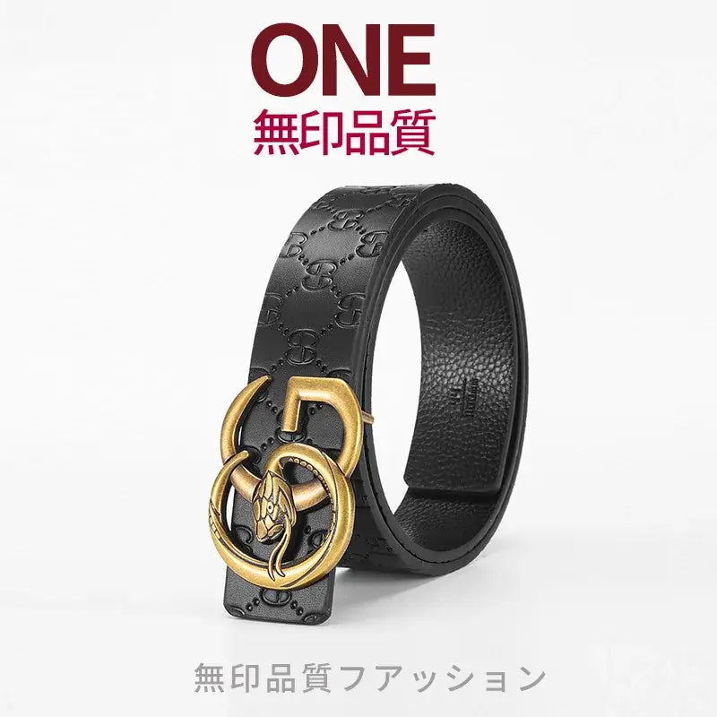 Men snake buckle leather belt in black leather with a gold-toned snake-embossed buckle featuring an interlocking g design.