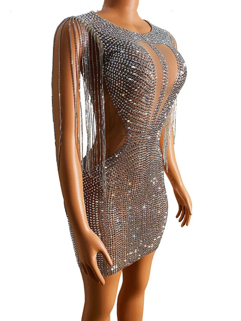 Women Celebrate Birthday Evening Dress Prom Outfit Sexy See Through Show Stage Wear Sparkly Rhinestones Tassels Crystals Dress